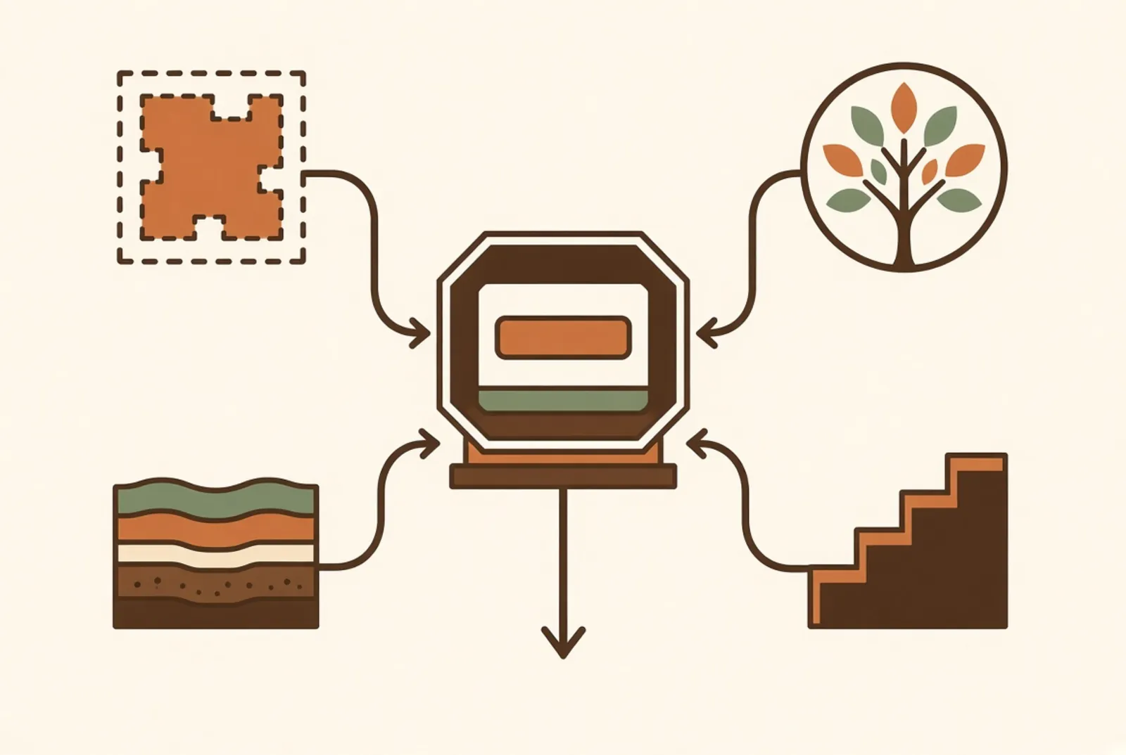 The inputs that move a hardwood quote — area, species, substrate, stairs and the condition of the existing floor — feeding into a single figure.