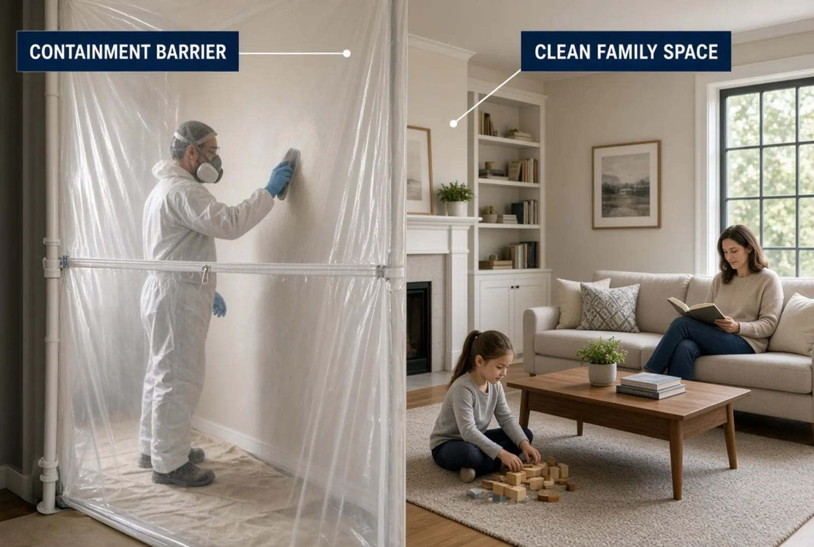 An occupied house during sanding: a containment barrier sealing the work area, with a clean lived-in room on the other side of it.