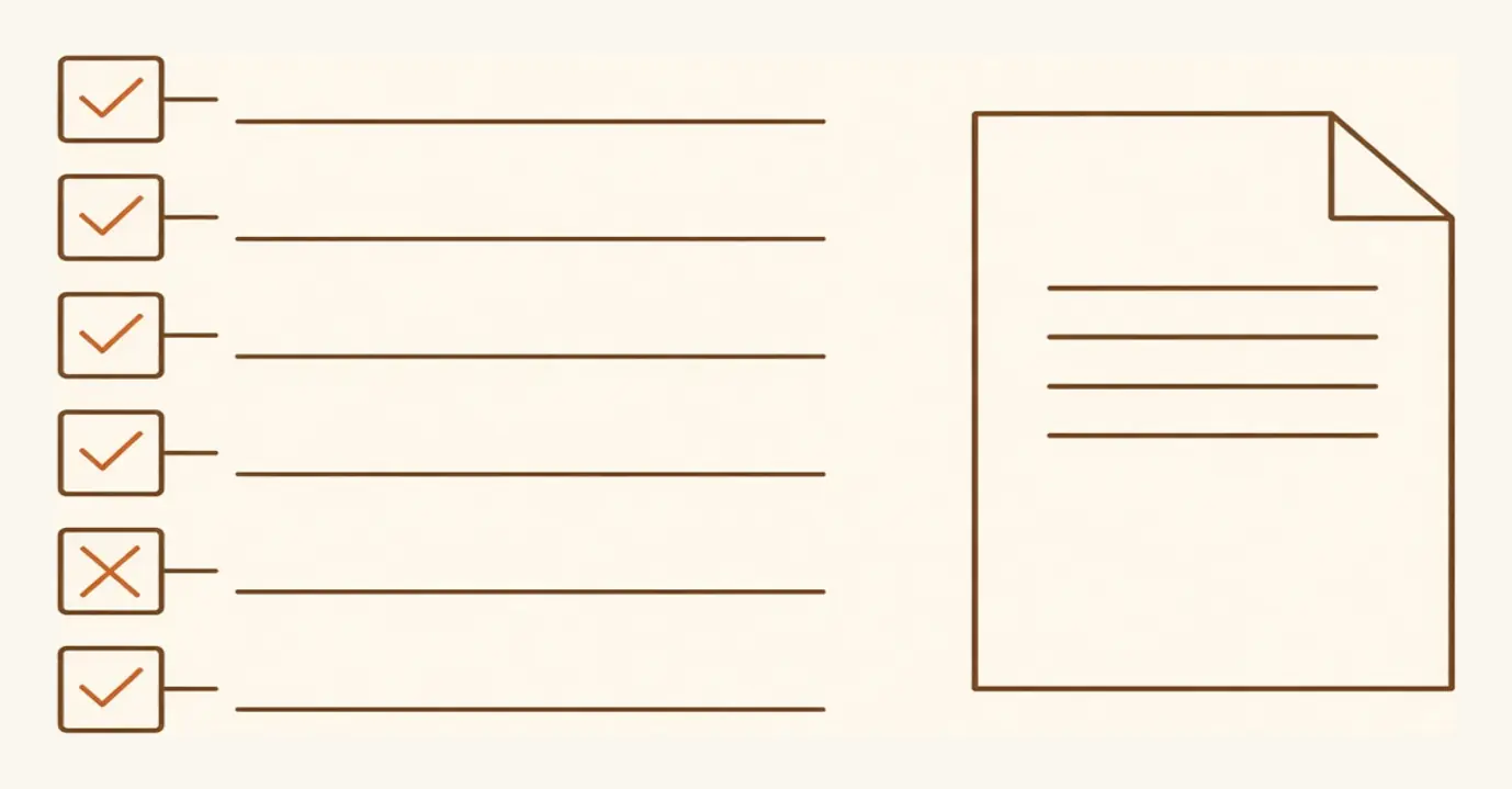 A checklist of six items beside a written estimate, some checked and some not.