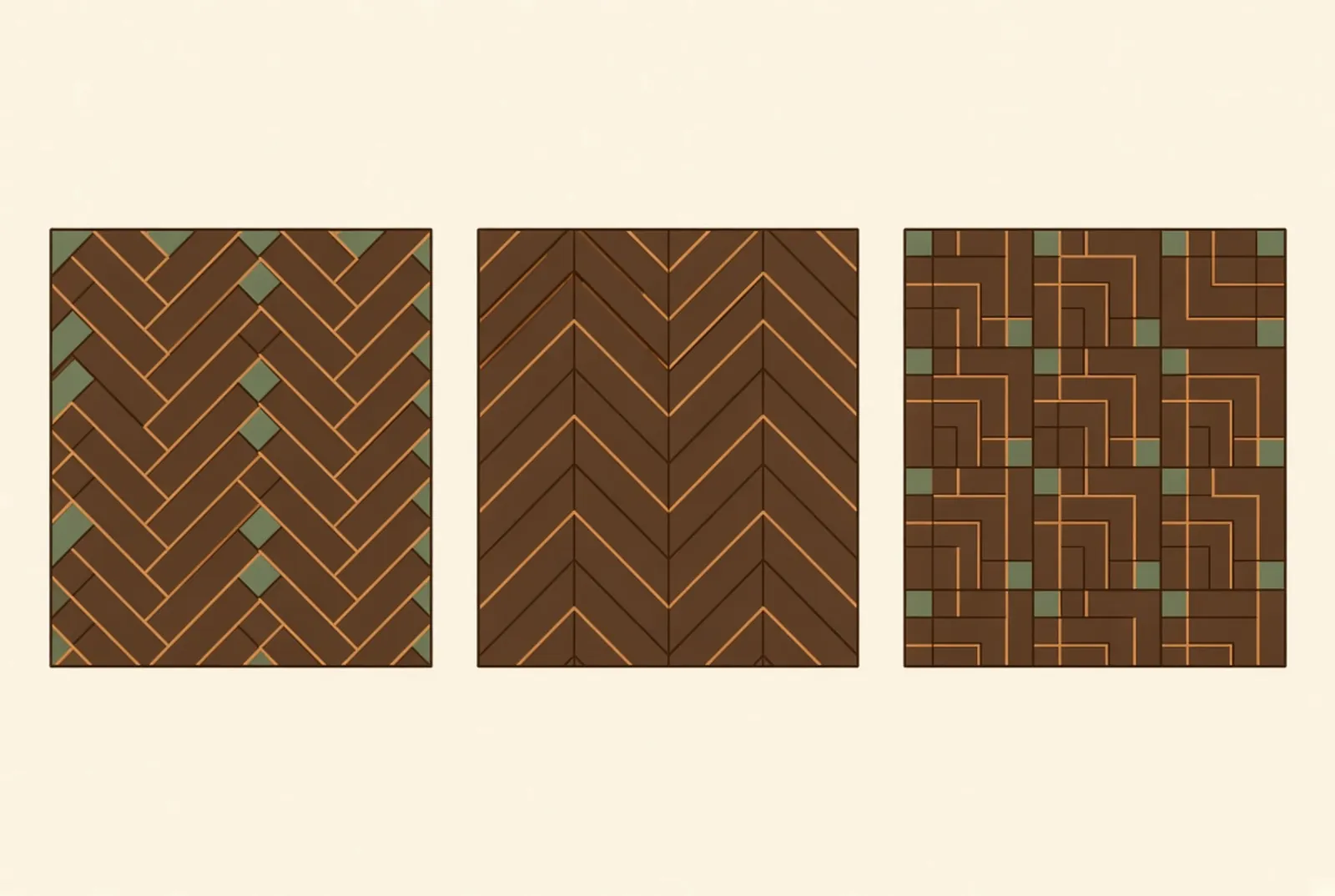 Herringbone, chevron and parquet drawn from directly above, side by side, so the difference in how the boards meet is unmistakable.