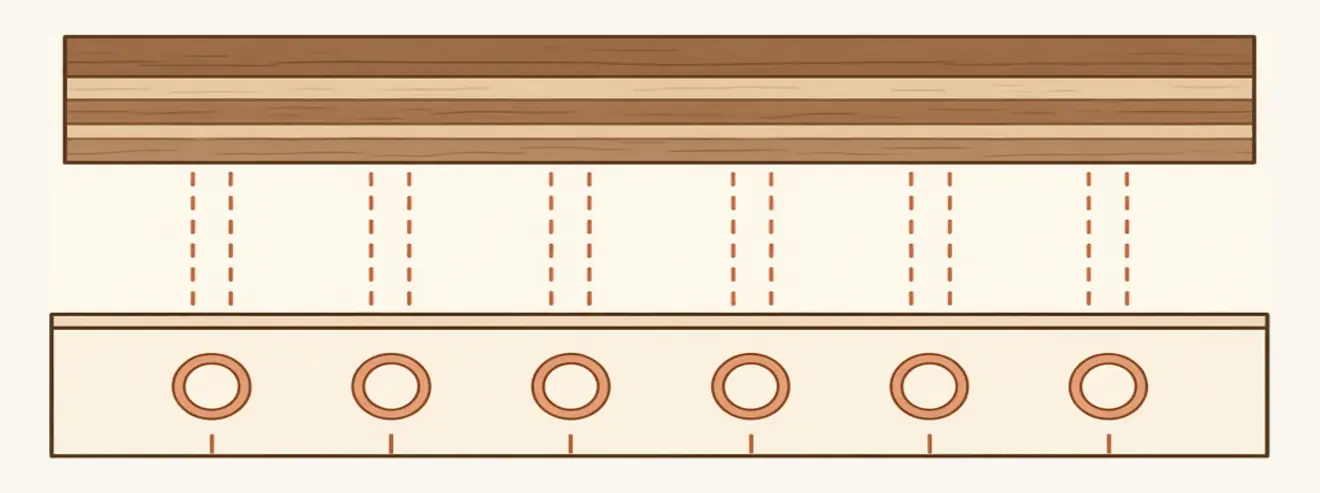 Cross-section of an engineered floor floating over a radiant heating assembly.