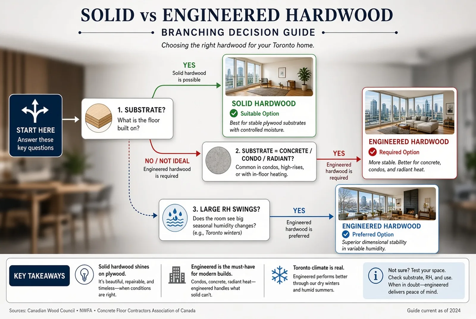 Decision tree branching from the substrate — plywood over joists allows solid, concrete slab or radiant heat requires engineered, and wide seasonal humidity swings favour engineered.
