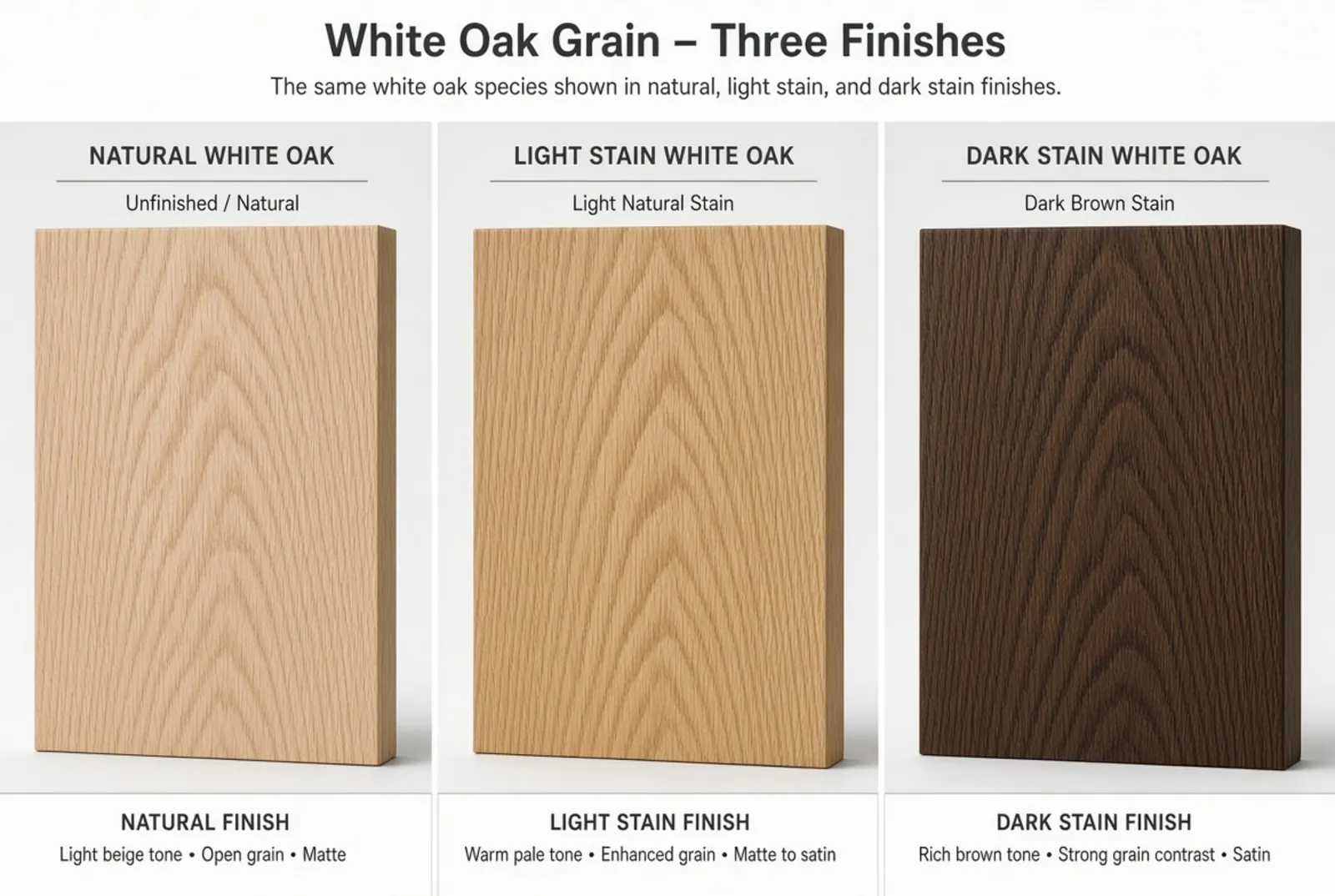 White oak shown in three finishes side by side — natural, light stain and dark stain — with the same grain running through all three.