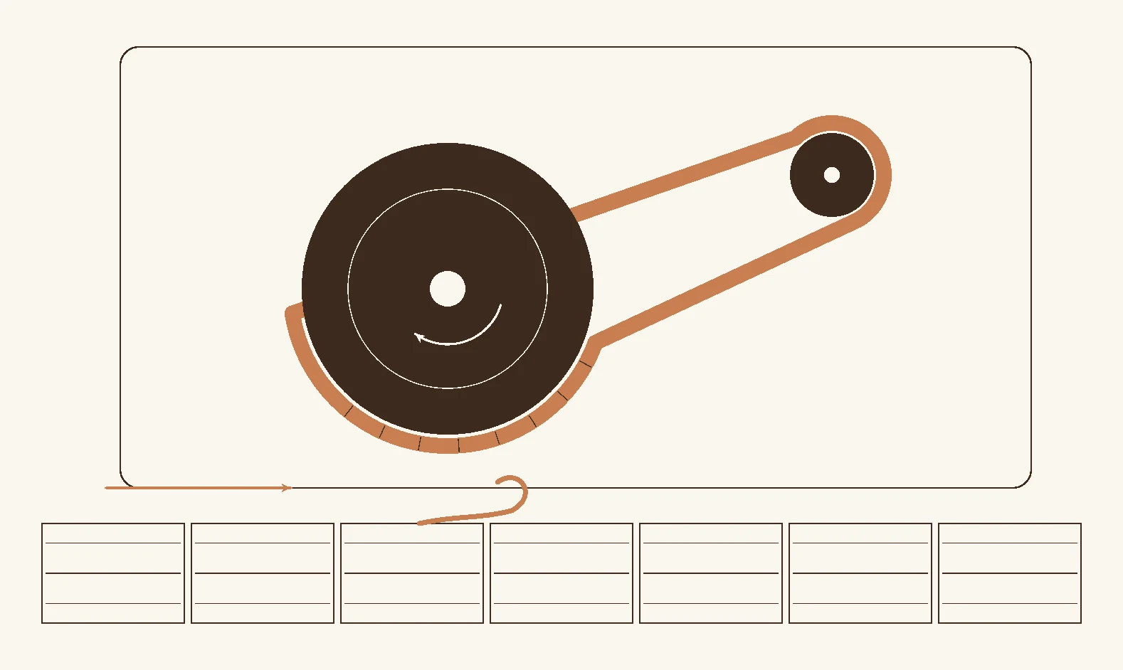 Cross-section through a belt floor sander showing the continuous abrasive belt running over a cylindrical drum roughly two hundred millimetres wide, with the cut it takes into the board surface below.