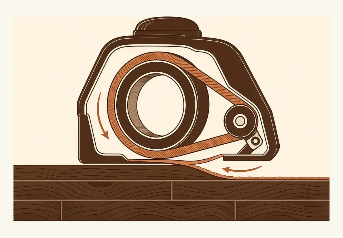 Cross-section through a belt floor sander showing the continuous abrasive belt running over a cylindrical drum roughly two hundred millimetres wide, with the cut it takes into the board surface below.