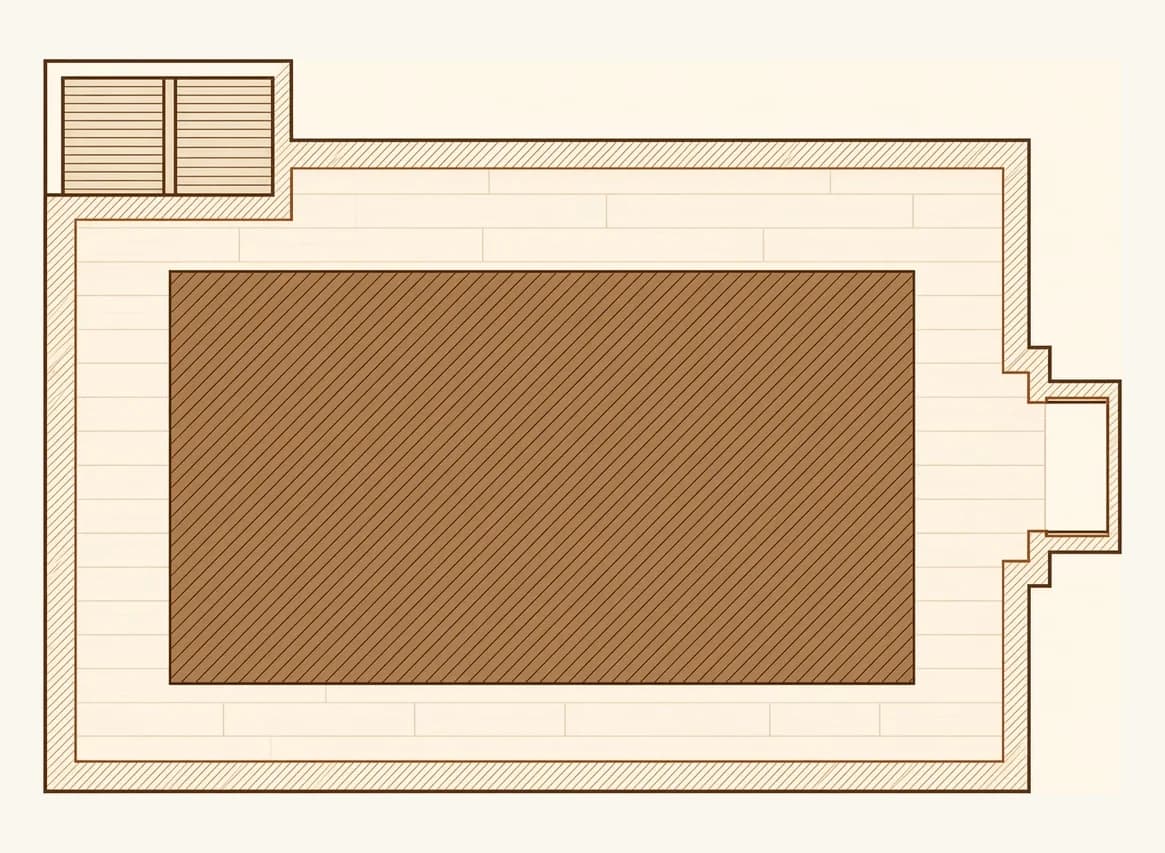 Plan view of a room showing the wide central field the belt sander reaches, and the narrow band around the walls, into closets and around obstructions that only the smaller edger can reach.