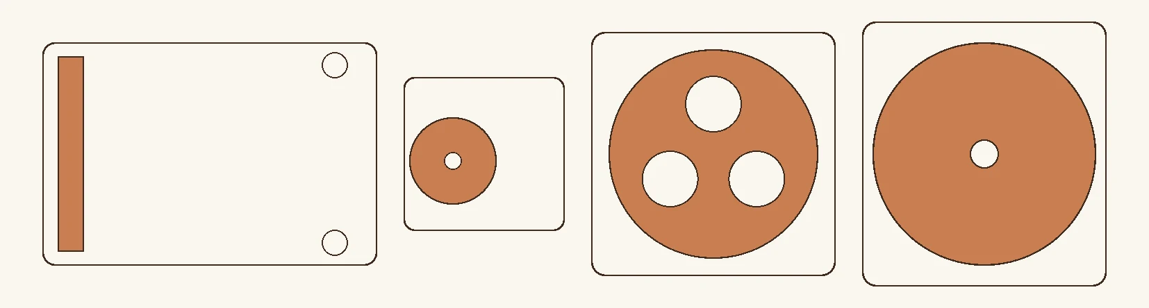 The four floor machines drawn to a single common scale in plan — belt sander, edger, planetary sander and buffer — so the difference between an eight-inch drum, a six-to-seven-inch disc and a sixteen-to-twenty-inch drive plate is visible as size.