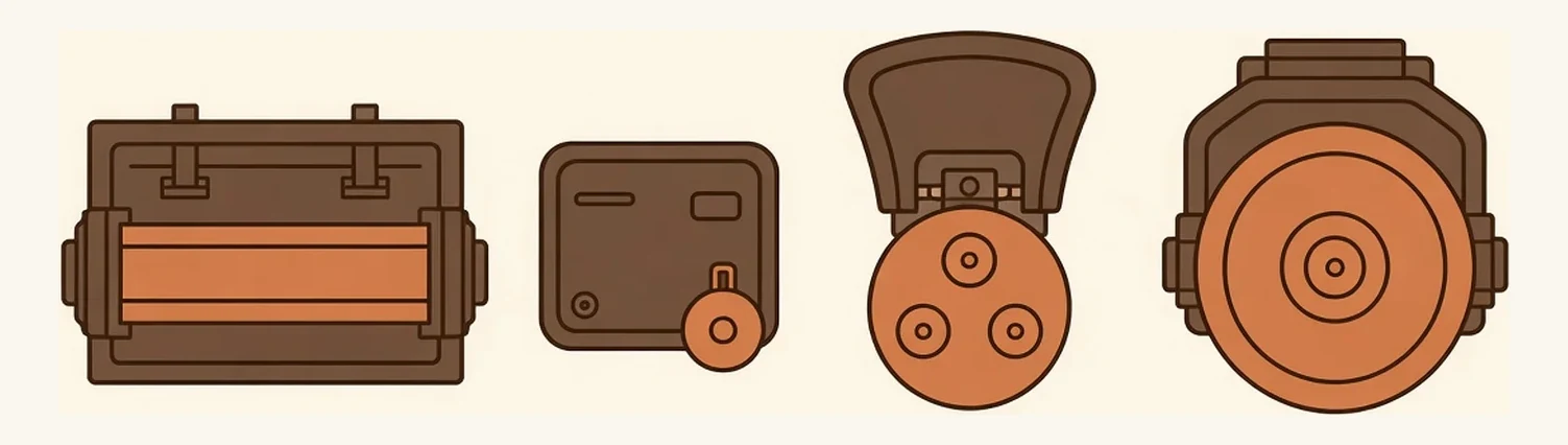 The four floor machines drawn to a single common scale in plan — belt sander, edger, planetary sander and buffer — so the difference between an eight-inch drum, a six-to-seven-inch disc and a sixteen-to-twenty-inch drive plate is visible as size.