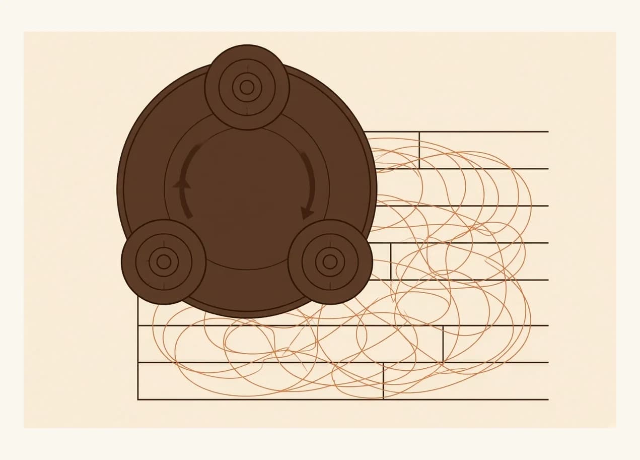 A planetary sander seen from above, with three counter-rotating discs mounted on a head that itself rotates, and the overlapping non-repeating scratch pattern this produces on the boards below.
