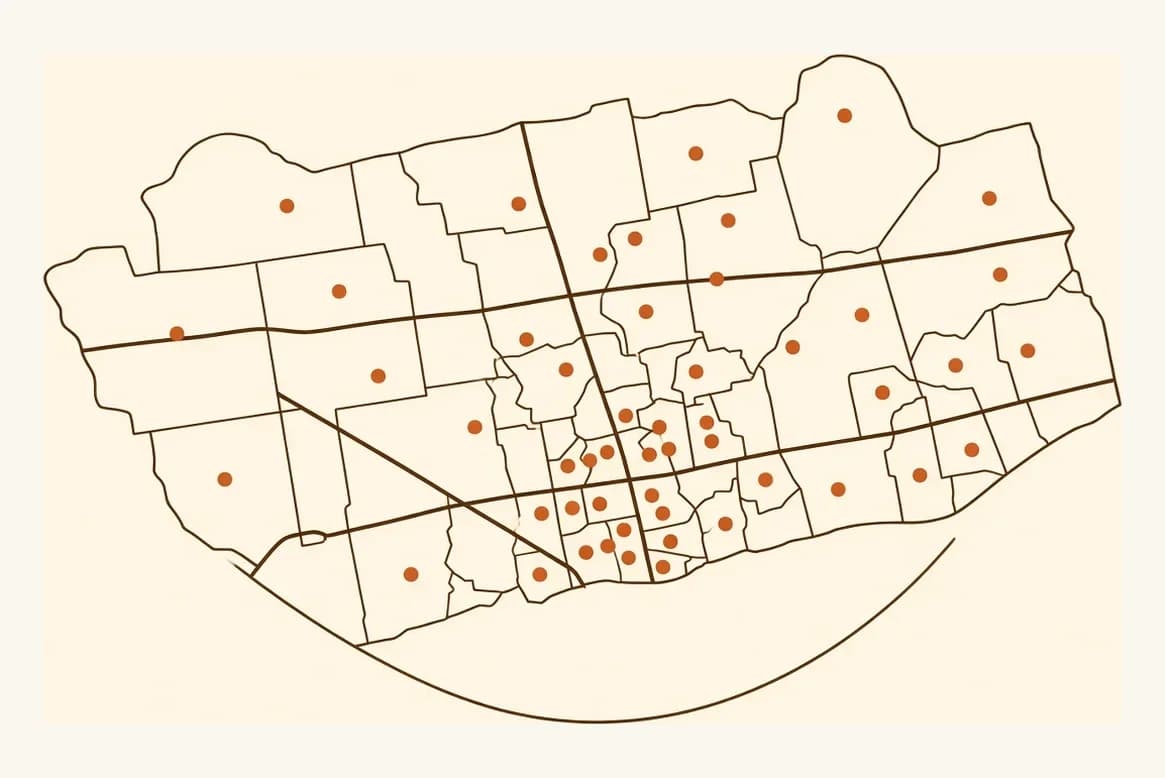 A simplified map of Toronto and the surrounding Greater Toronto Area with the thirty-two service areas marked, and the lakeshore and the main highway spines shown for orientation.