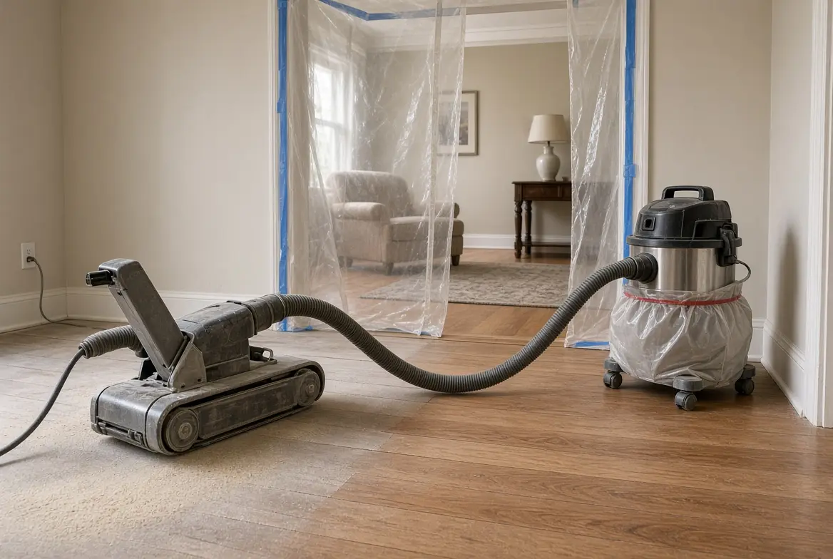 A conceptual scene of contained sanding with the adjoining room still furnished and in use.