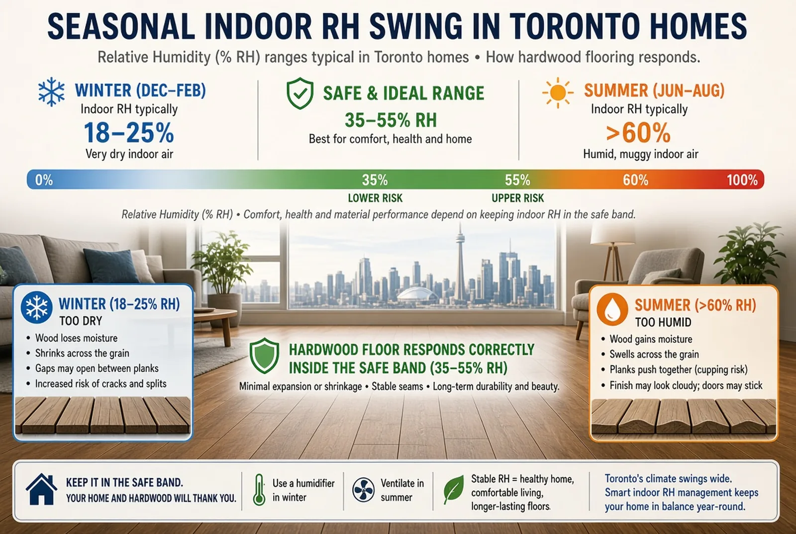 Chart of Toronto indoor relative humidity across the year — winter falling to 18 to 25 percent, summer rising above 60 percent, with the 35 to 55 percent band that hardwood is stable in marked across the middle.