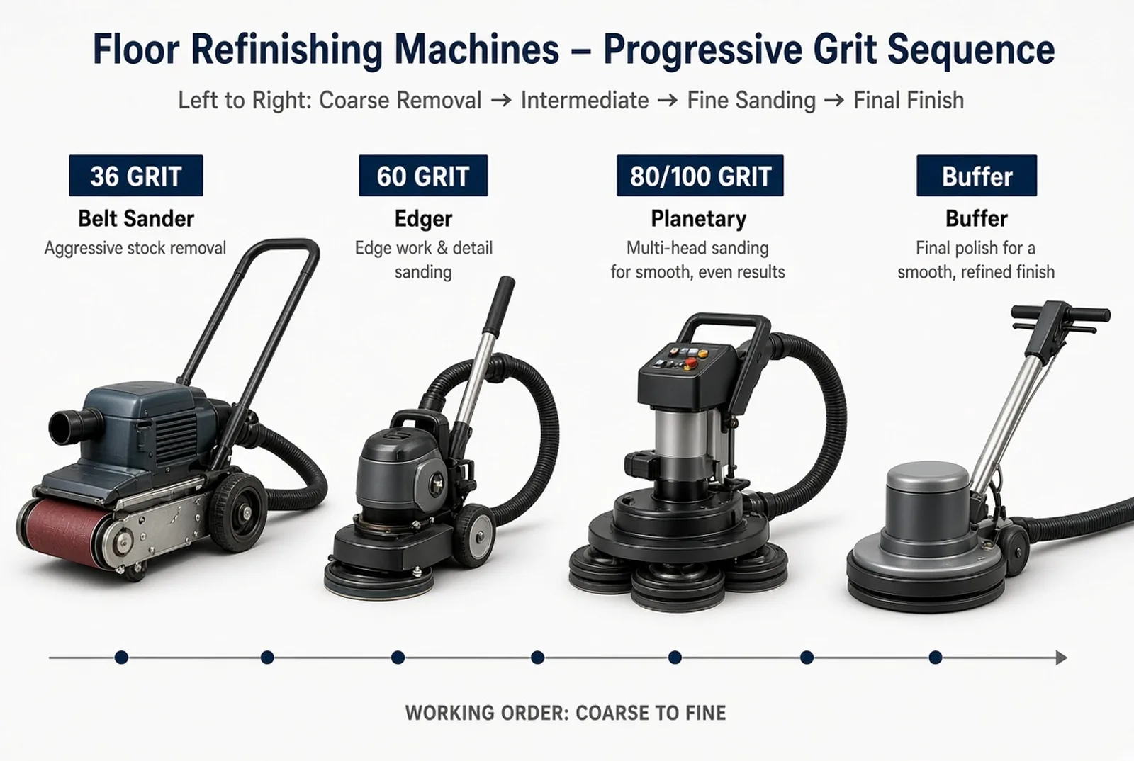 Four sanding machines arranged left to right in working order with their grit progression marked — belt sander at 36 grit, edger, planetary sander, and buffer at 80 to 100 grit.