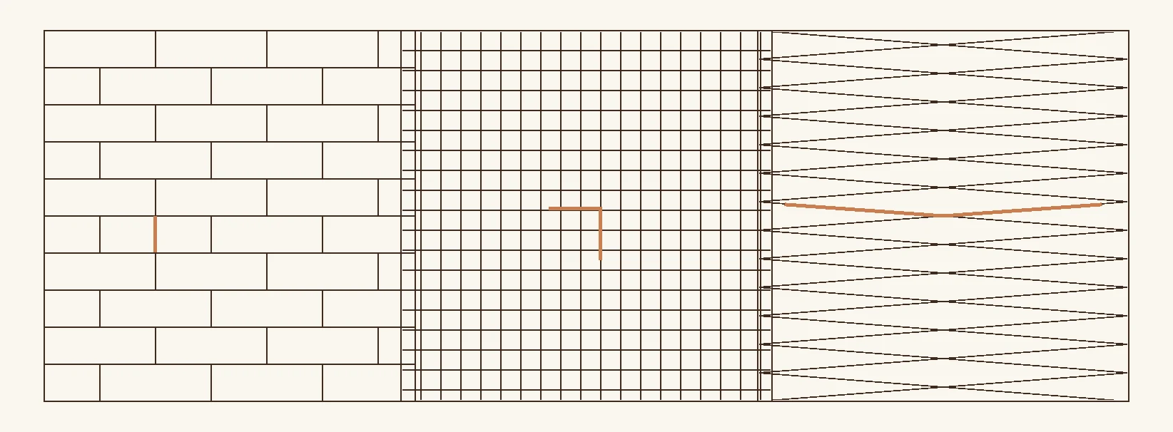 Three floor patterns drawn in plan from directly above — straight-lay boards, herringbone, and chevron — showing how the cut and the joint differ between them.