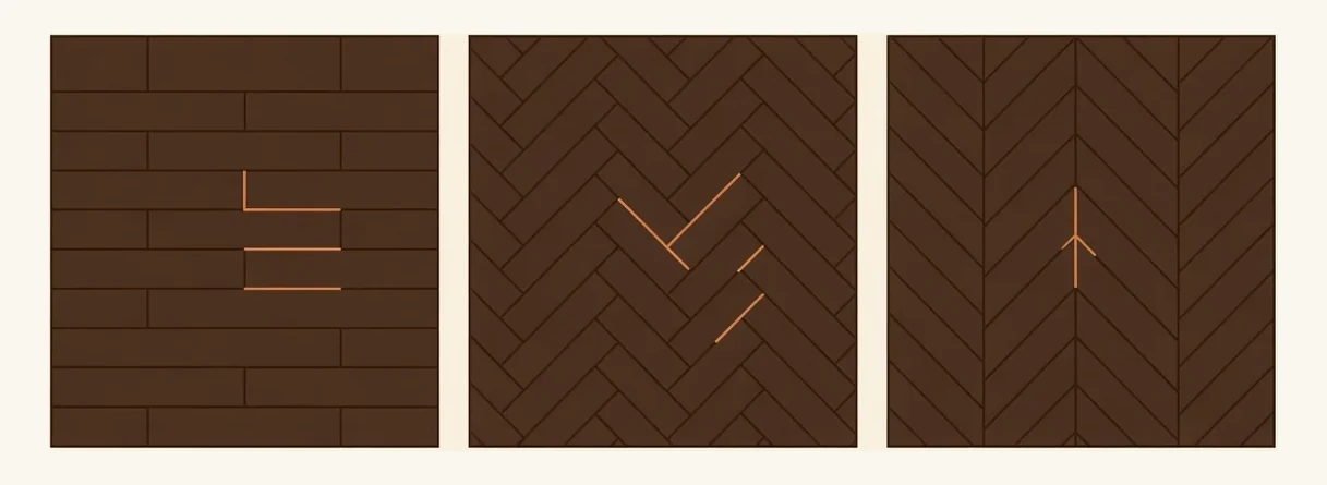 Three floor patterns drawn in plan from directly above — straight-lay boards, herringbone, and chevron — showing how the cut and the joint differ between them.