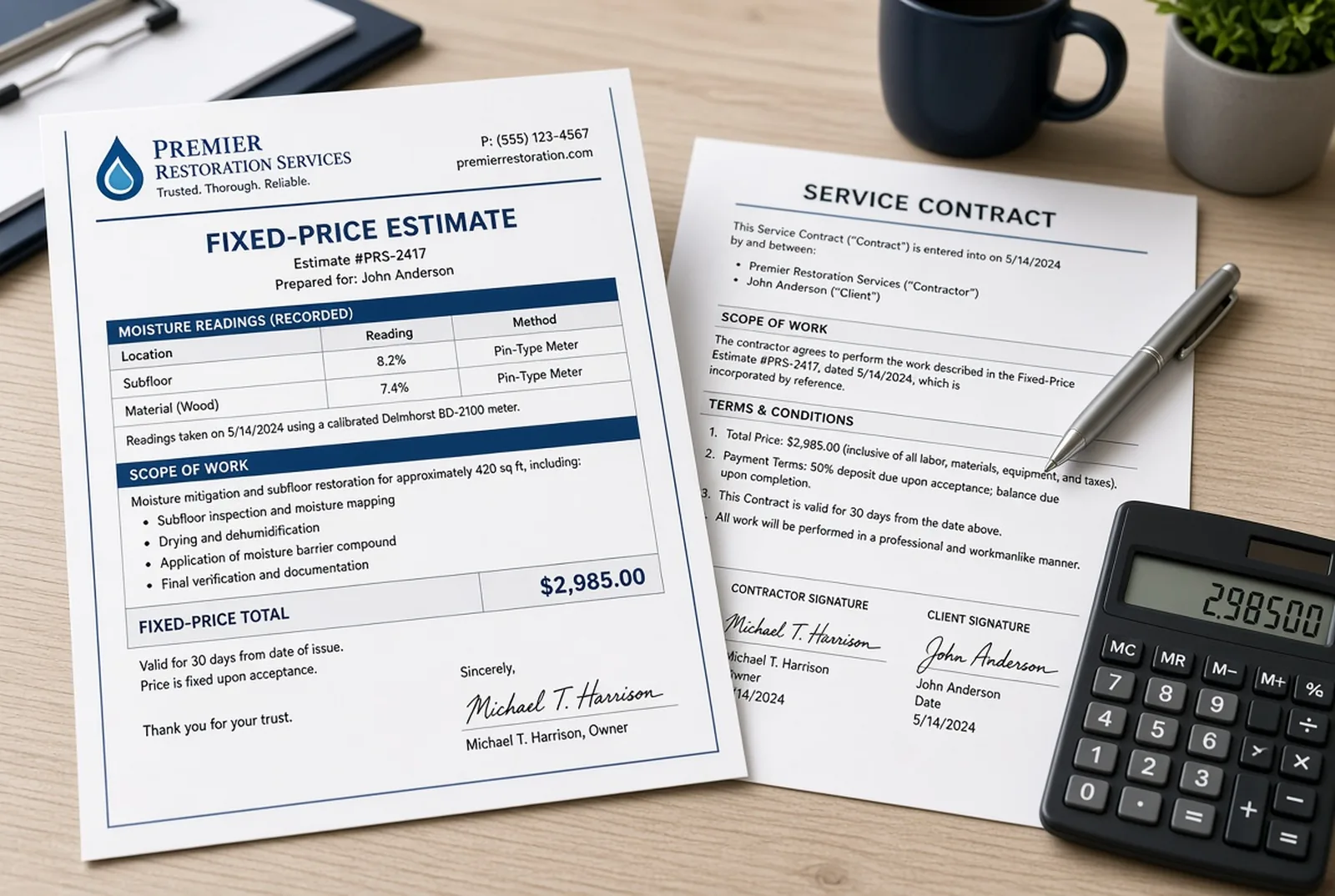 A printed fixed-price estimate on a desk showing the recorded subfloor and material moisture readings, the scope and the total, beside a signed contract.
