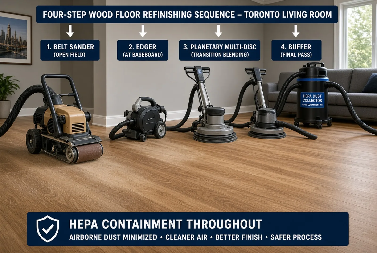 Four sanding machines shown in working sequence in one room — belt sander in the open field, edger tight to the baseboard, planetary sander blending the two, buffer on the final pass — each with a hose running to a sealed HEPA collector.