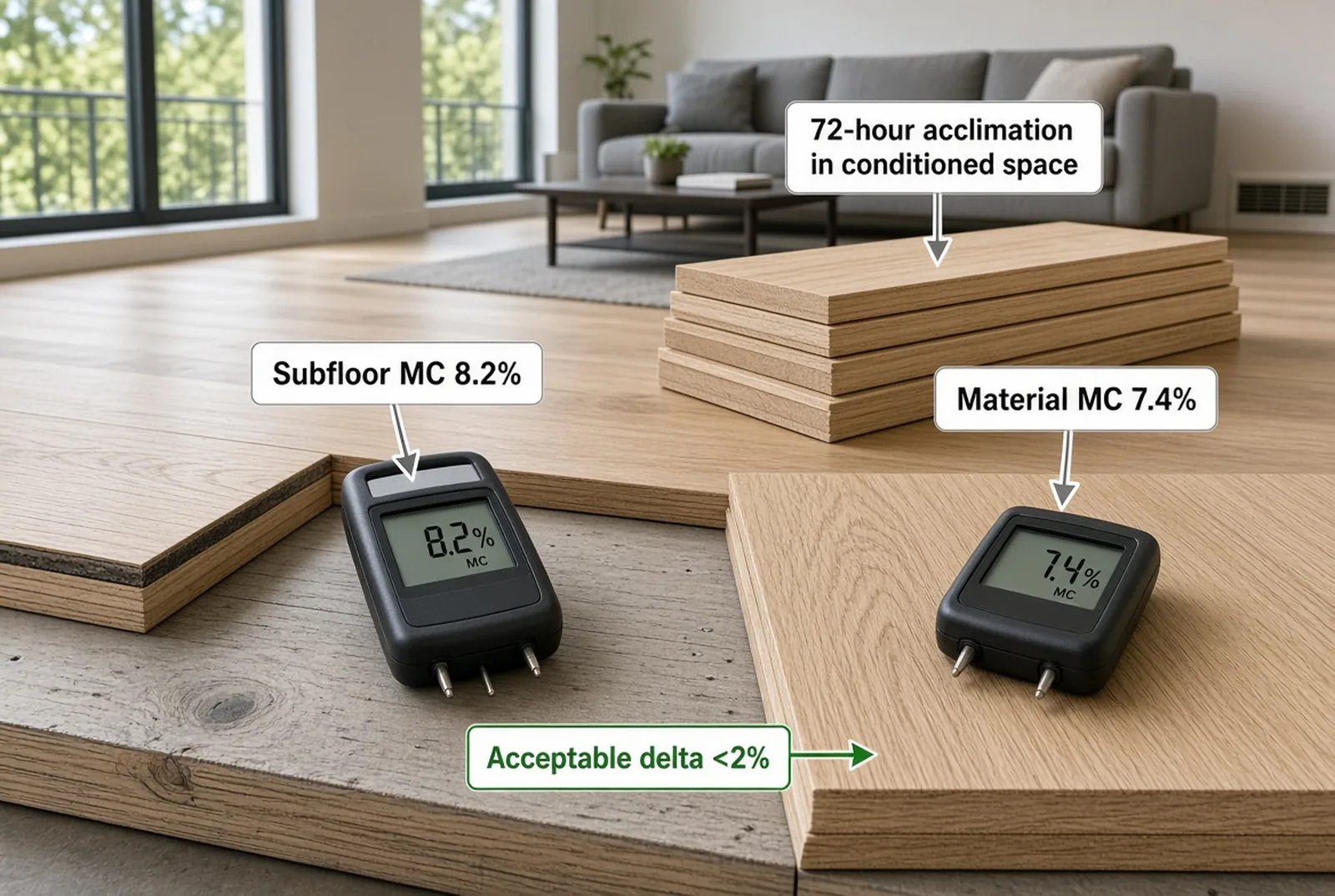 Two digital moisture meters on a floor assembly — one reading 8.2 percent in the subfloor, one reading 7.4 percent in the flooring material — with boards acclimating on the finished floor of the conditioned room behind them.