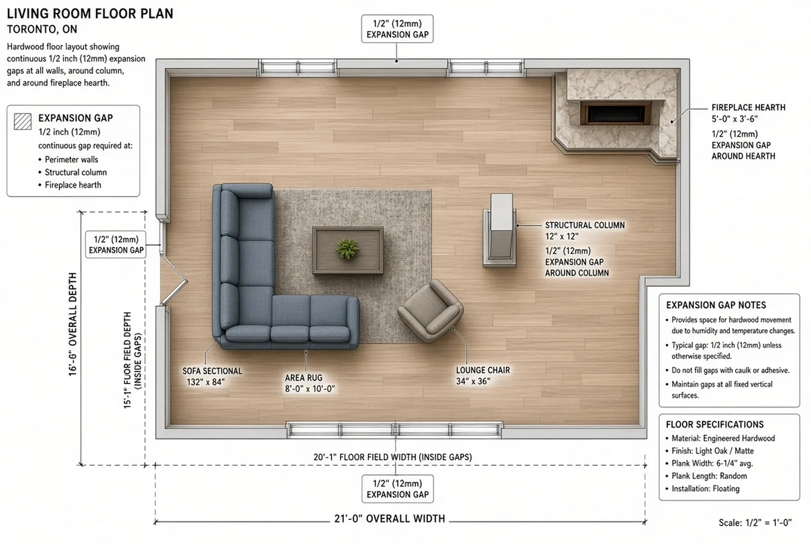 Plan view of a Toronto living room floor with a continuous half-inch expansion gap at every wall and running unbroken around a structural column and a fireplace hearth.
