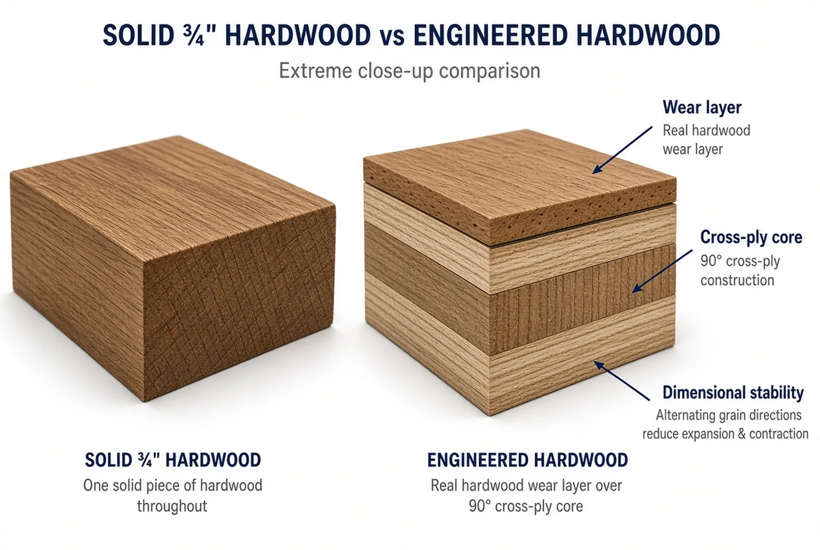 Extreme close-up of a solid three-quarter-inch oak board beside an engineered board cut open to show a hardwood wear layer over a cross-laminated core.