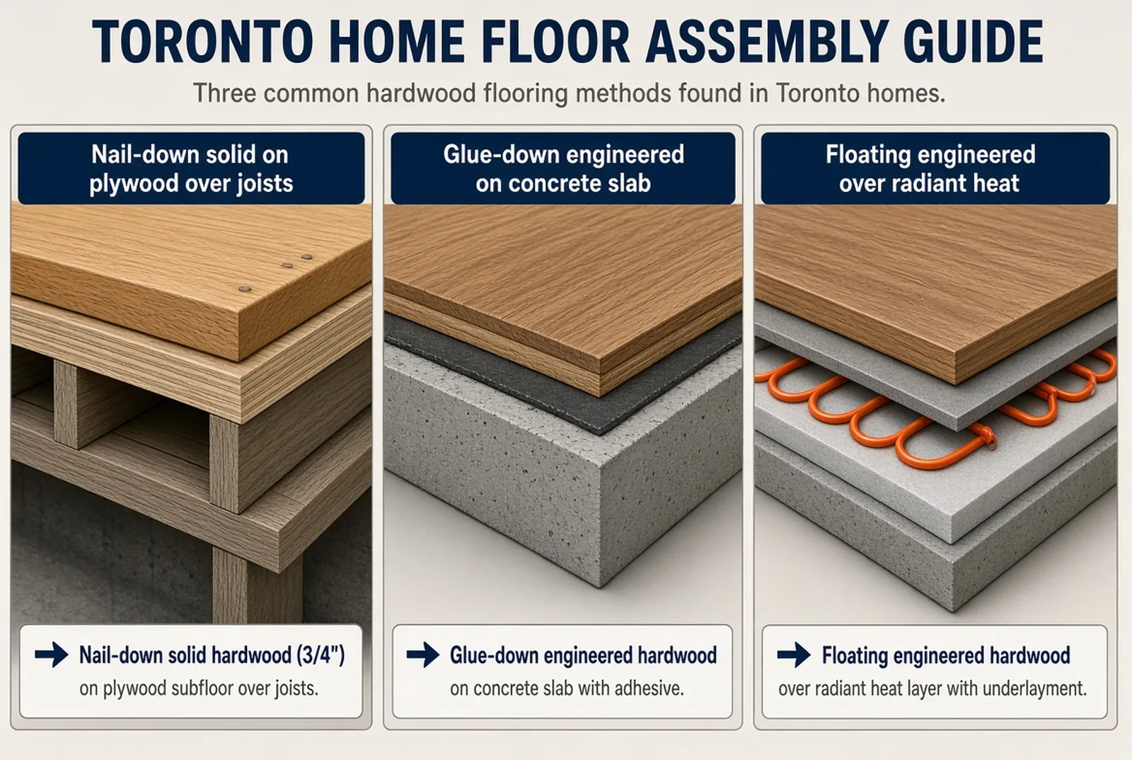 Three floor assemblies cut open side by side — solid boards nailed into plywood over joists, engineered boards glued to a concrete slab, and engineered boards floating over radiant heating tubes.