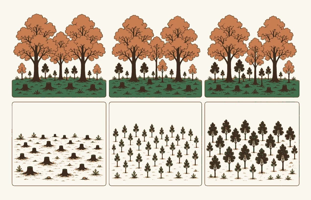 The same stand of trees shown across three successive partial harvests, with mature canopy retained throughout and younger trees establishing beneath it, contrasted with a single clearing harvest.