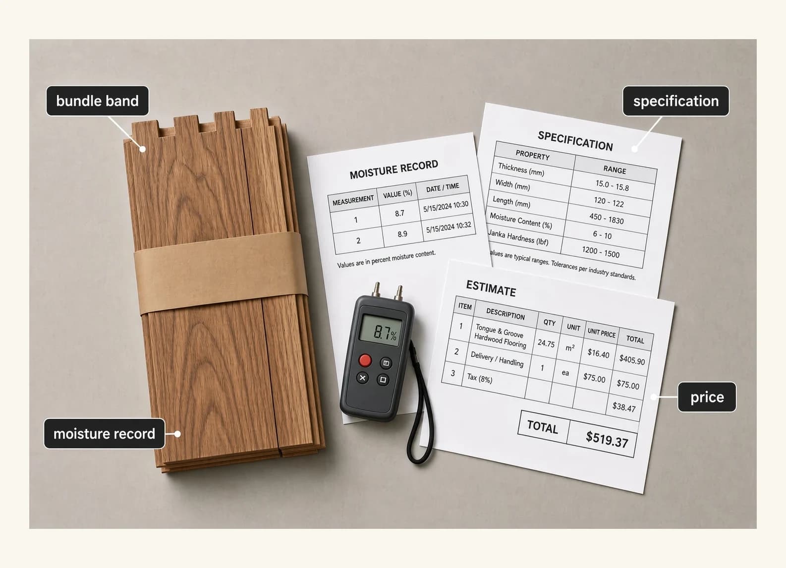 The documents that should accompany a hardwood floor delivery — the grade and species on the bundle, the moisture record taken on site, the manufacturer's specification sheet and the written fixed price.