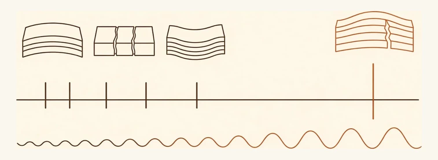 A time axis comparing how quickly different specification errors show — most appearing within the first season, and solid hardwood over radiant heat appearing only after years of thermal cycling.