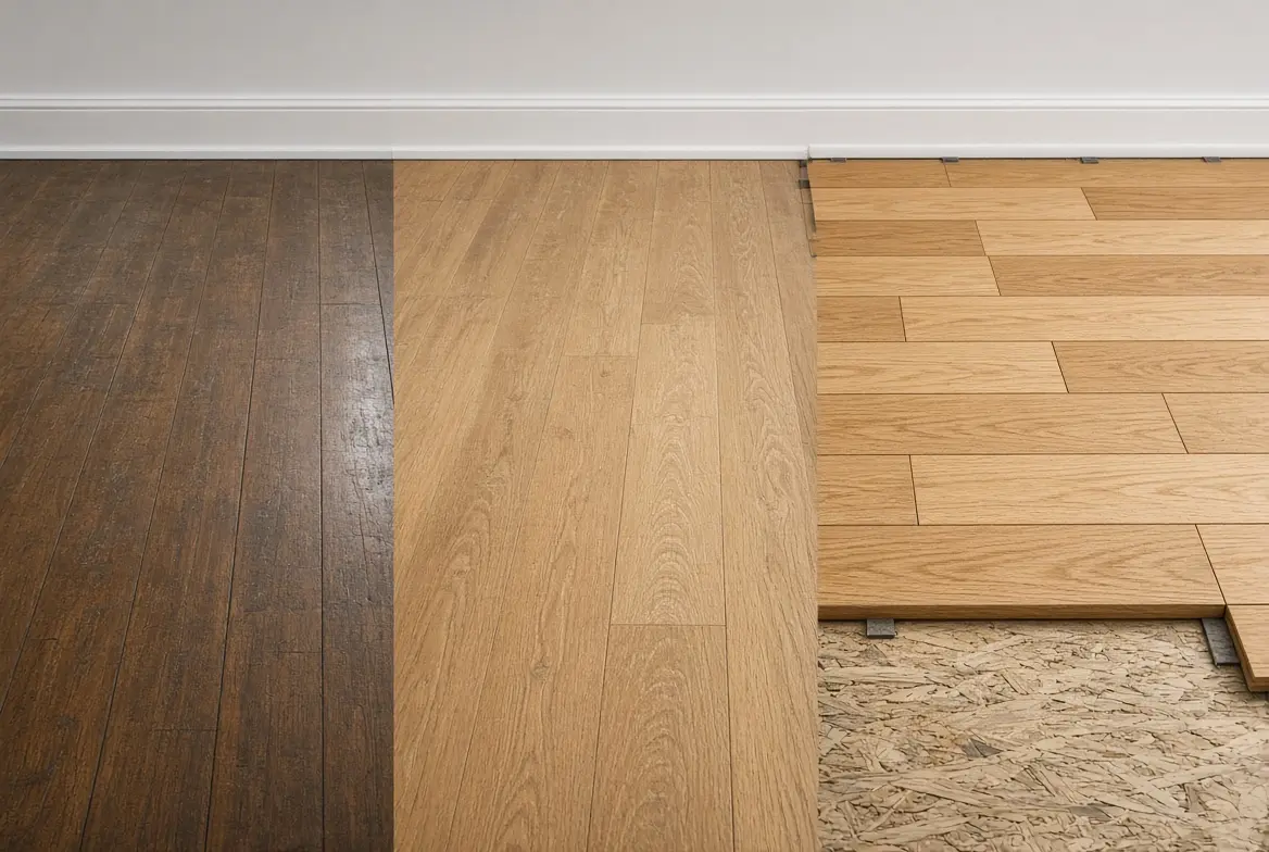 A conceptual triptych: an intact finish, a floor sanded back to bare wood, and new boards over a subfloor.