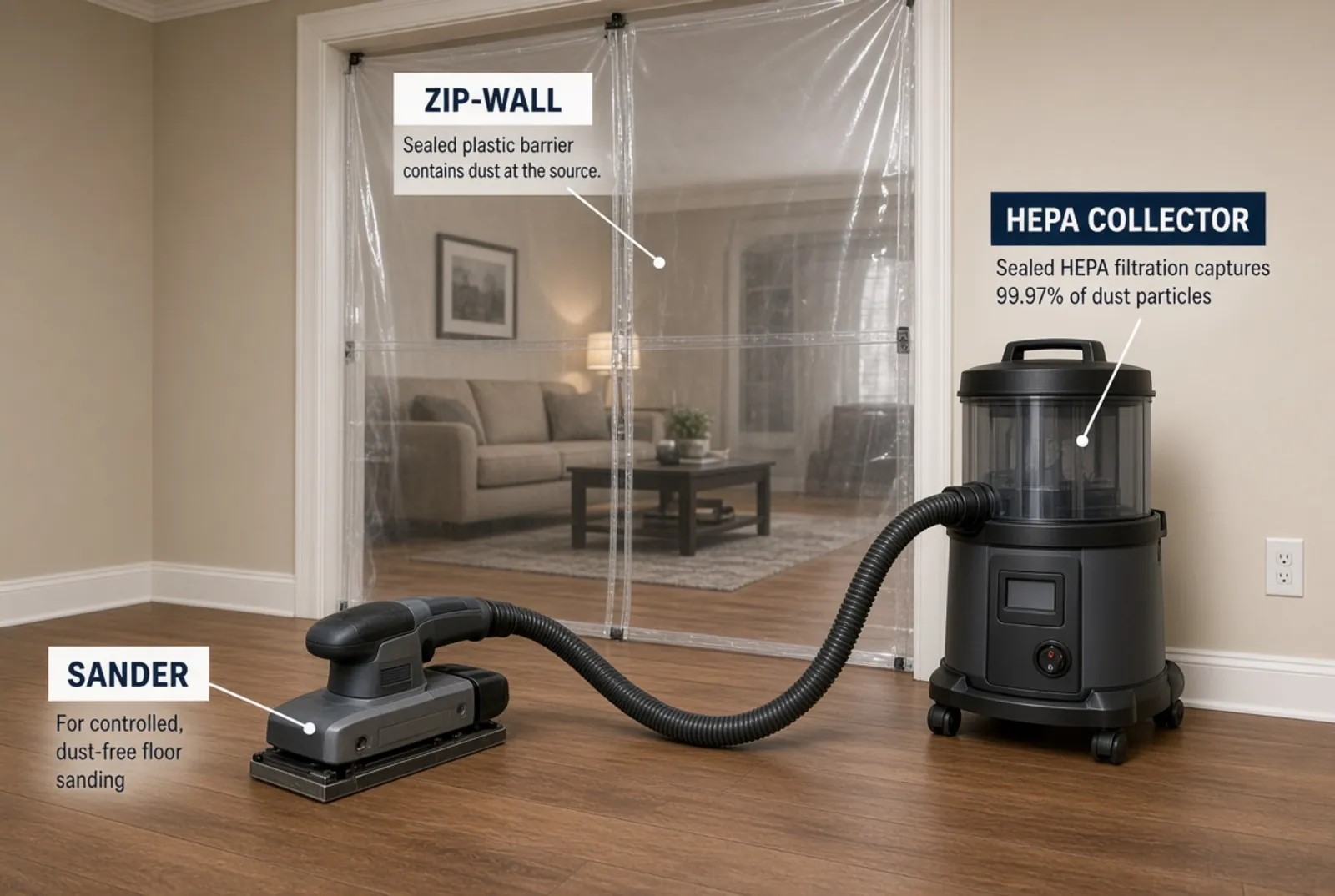 A sander connected by hose to a sealed collector, with a zip-wall barrier at the doorway and furnished rooms visible beyond it.