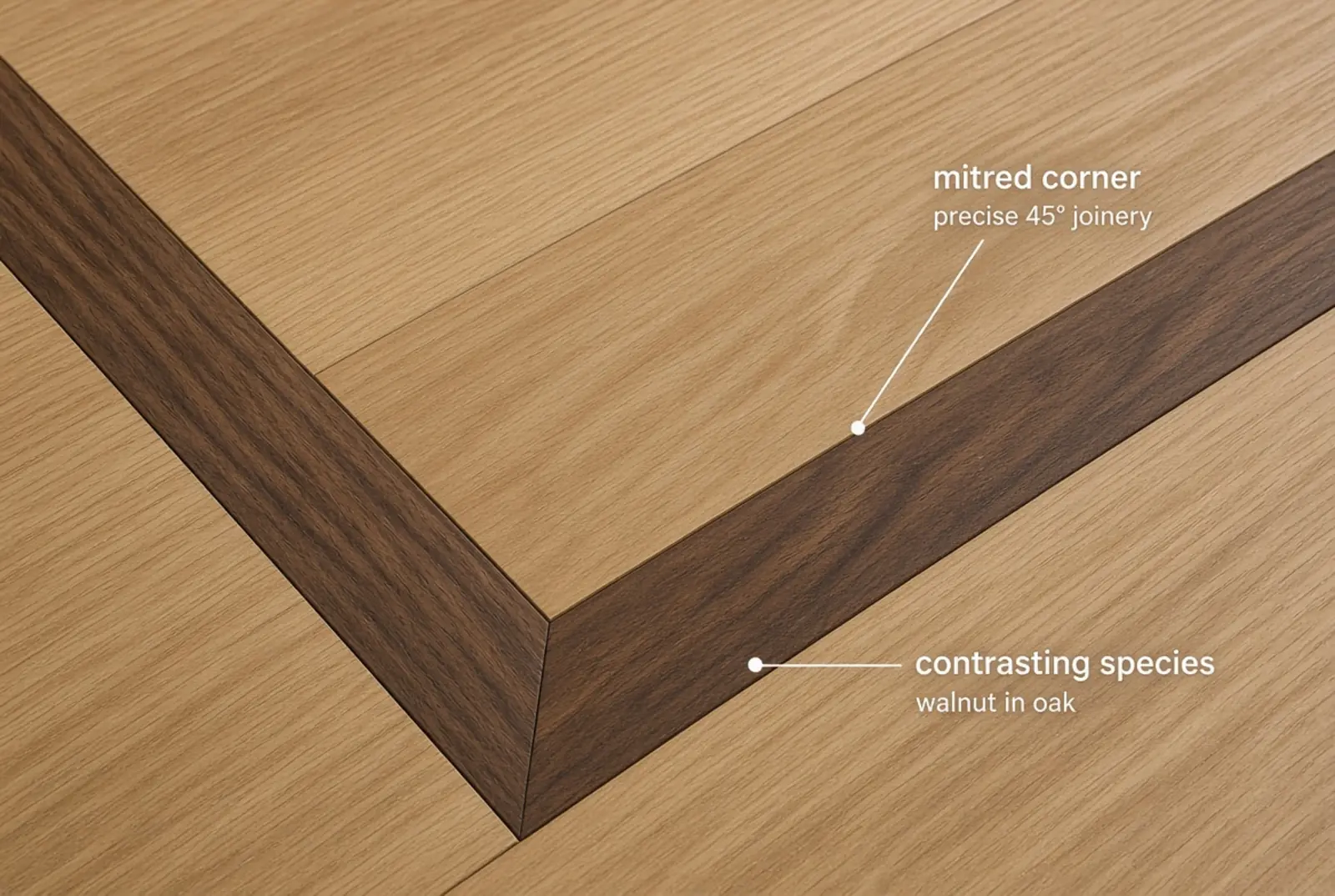 A custom border detail photographed at an angle: a mitred corner in contrasting species with tight joinery visible at the seams.