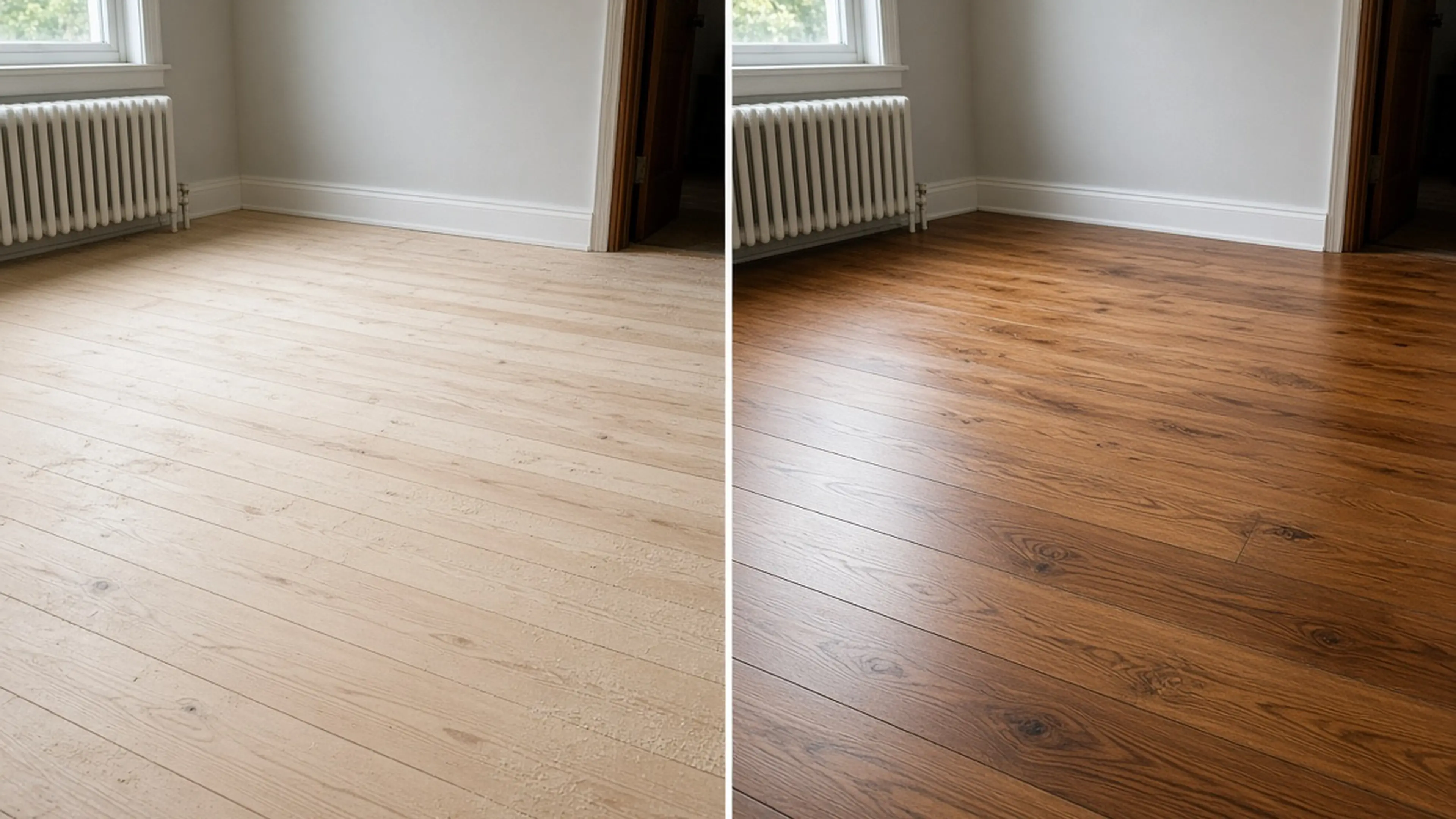 Same room: sanded-to-bare maple on the left, stained satin waterborne on the right