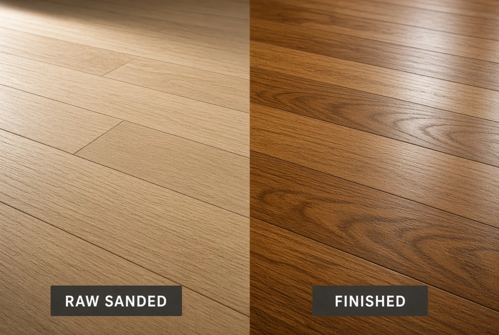 One hardwood floor photographed half stripped to raw wood and half finished, with the boundary between the two states running through the frame.