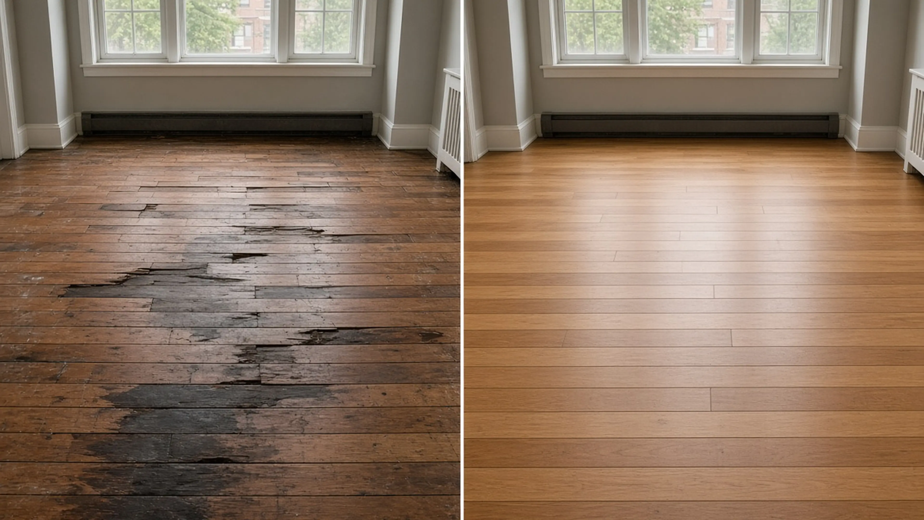 Same room same angle: damaged field on the left, repaired refinished floor on the right