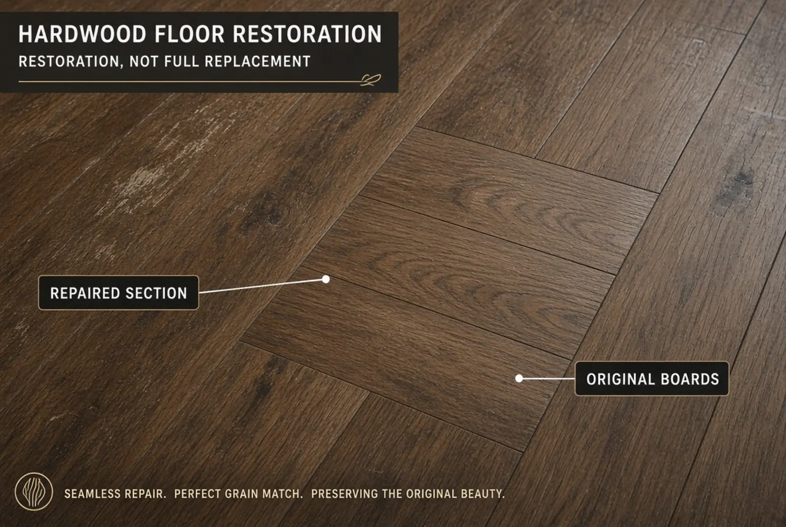 A damaged original hardwood floor with replacement boards woven into the surrounding grain so the repaired section is difficult to locate.