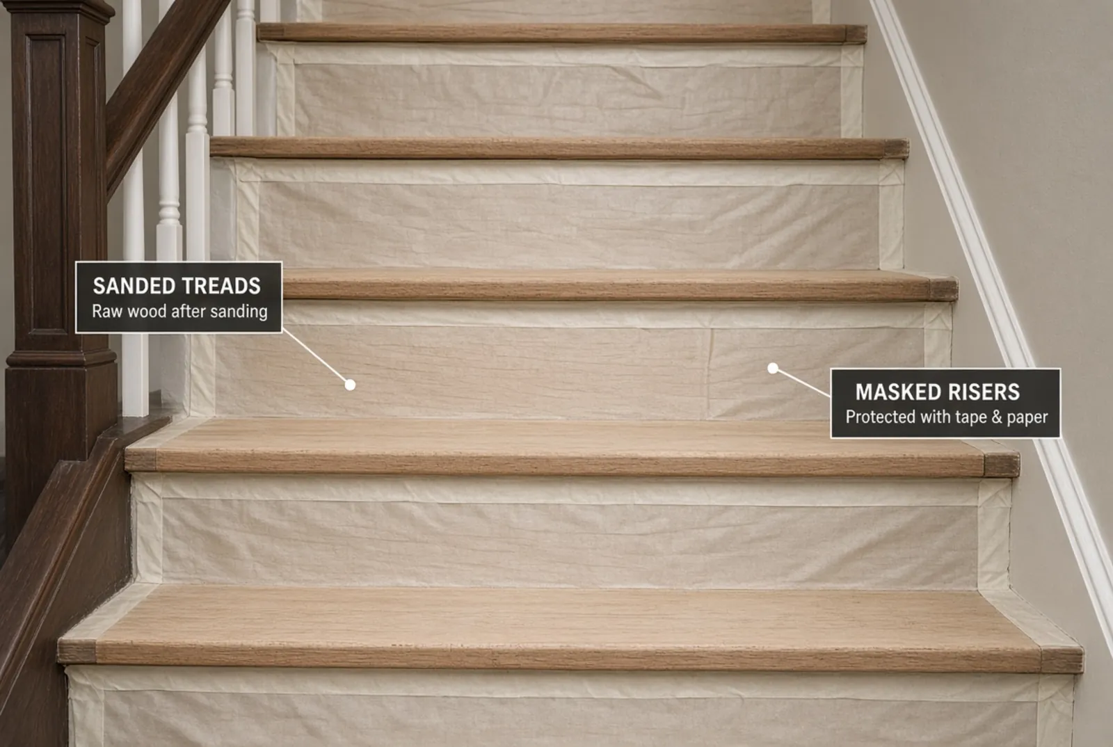 A staircase mid-refinish with treads sanded to raw wood, risers masked, and the nosings cut sharp.