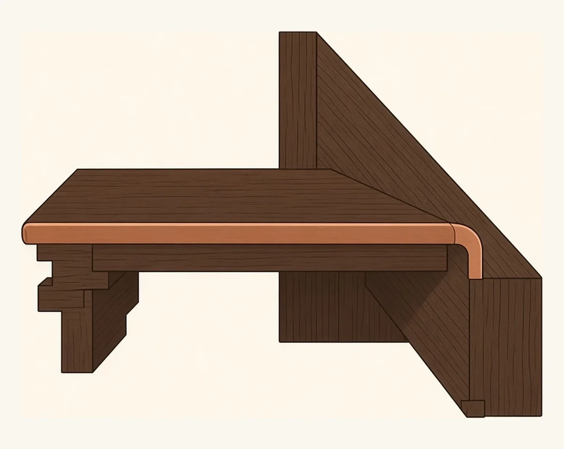 A single stair tread drawn in section, with the nosing, the return, the riser and the skirt board each picked out as a separate part of the assembly.