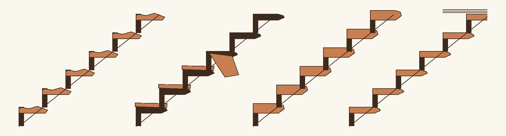 Four staircases drawn side by side showing four different scopes of stair work — refinishing the existing treads, removing carpet and finishing what is underneath, fitting new solid treads, and matching stairs to a newly installed floor.