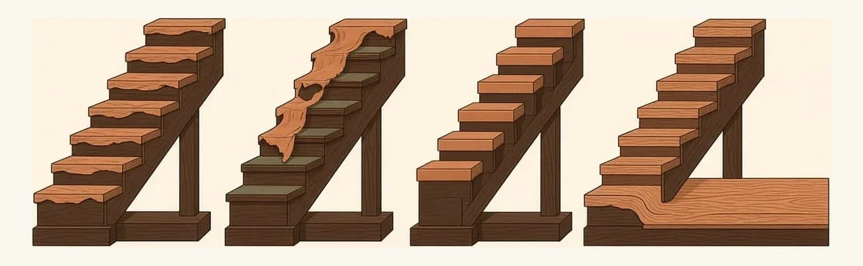 Four staircases drawn side by side showing four different scopes of stair work — refinishing the existing treads, removing carpet and finishing what is underneath, fitting new solid treads, and matching stairs to a newly installed floor.