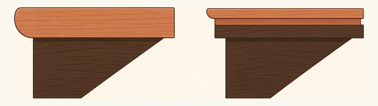Two stair treads drawn in section side by side — one a full-thickness solid tread replacing the original, the other a thin retrofit cap fitted over the existing structure.