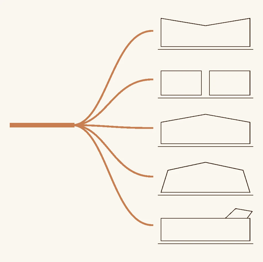 A branching diagram with moisture at the root splitting into five outcomes — cupping, seasonal gapping, crowning, buckling and edge peaking — each drawn as the board profile it produces.