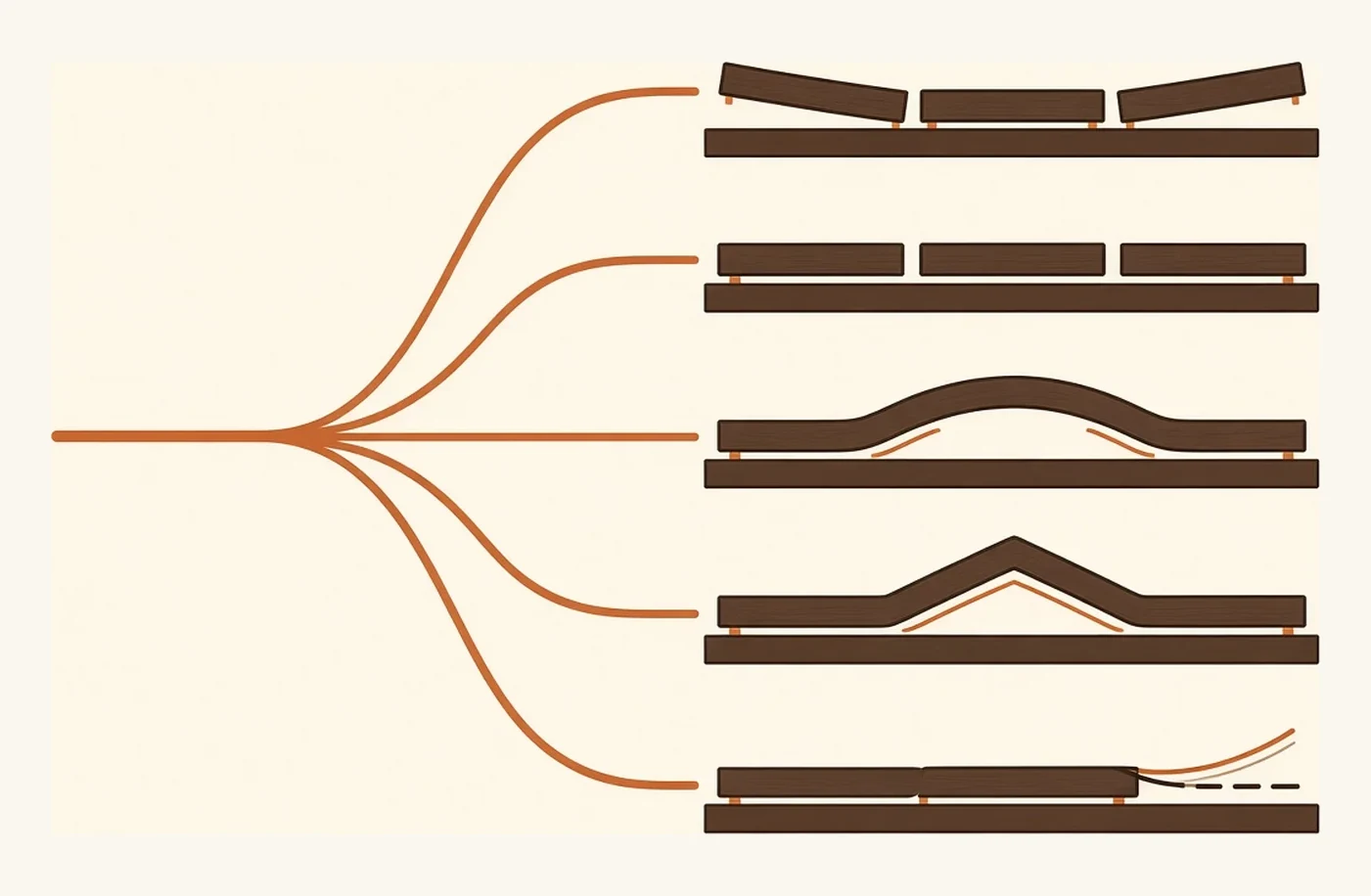 A branching diagram with moisture at the root splitting into five outcomes — cupping, seasonal gapping, crowning, buckling and edge peaking — each drawn as the board profile it produces.