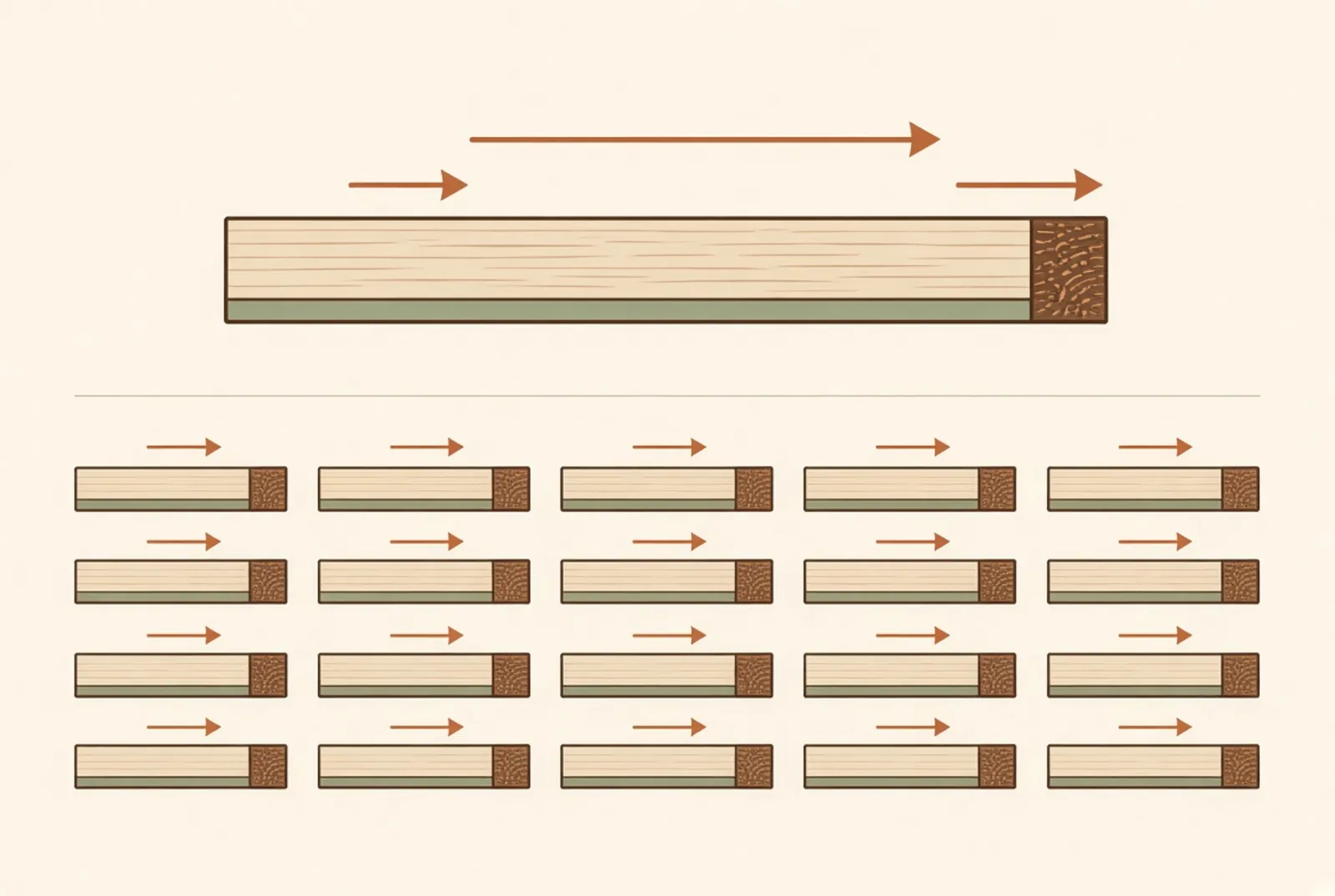 A single board with three movement arrows of very different lengths, above twenty boards each moving slightly and summing across a floor.