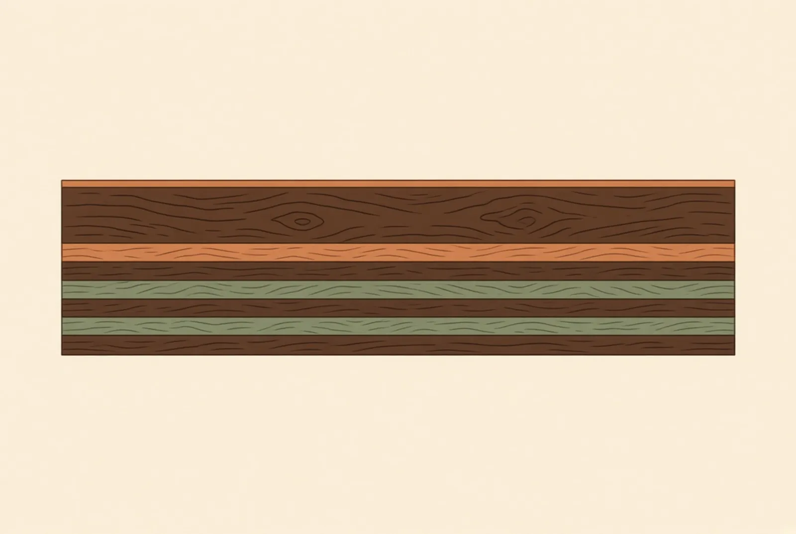 An engineered board cut open to show a real hardwood face over plies laid at ninety degrees to one another.