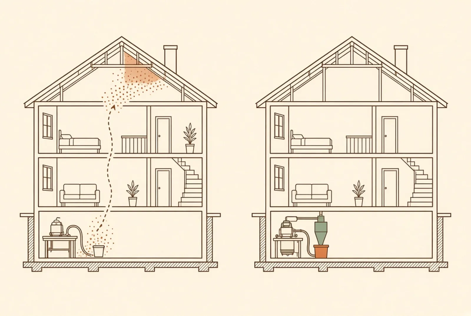 Two houses drawn in section — one with sanding dust travelling through the whole building, one with it captured at the tool.