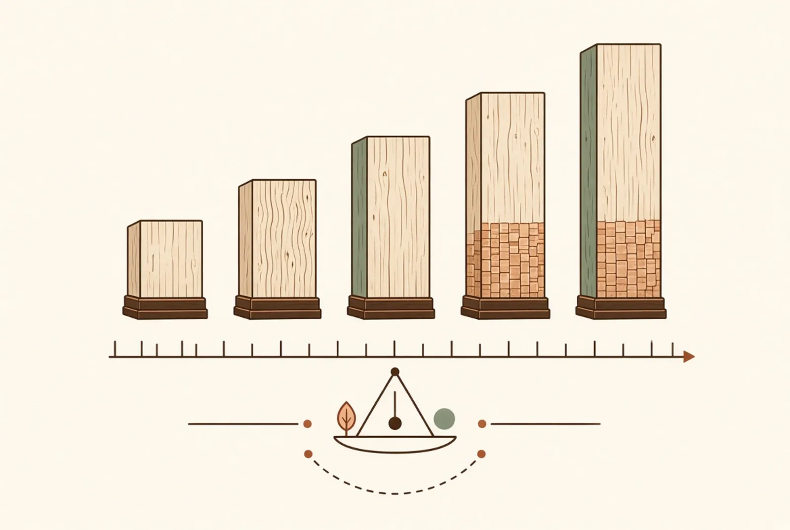 Five species drawn as blocks of increasing height on a hardness scale, with a balance beneath indicating that hardness is only one of several criteria.
