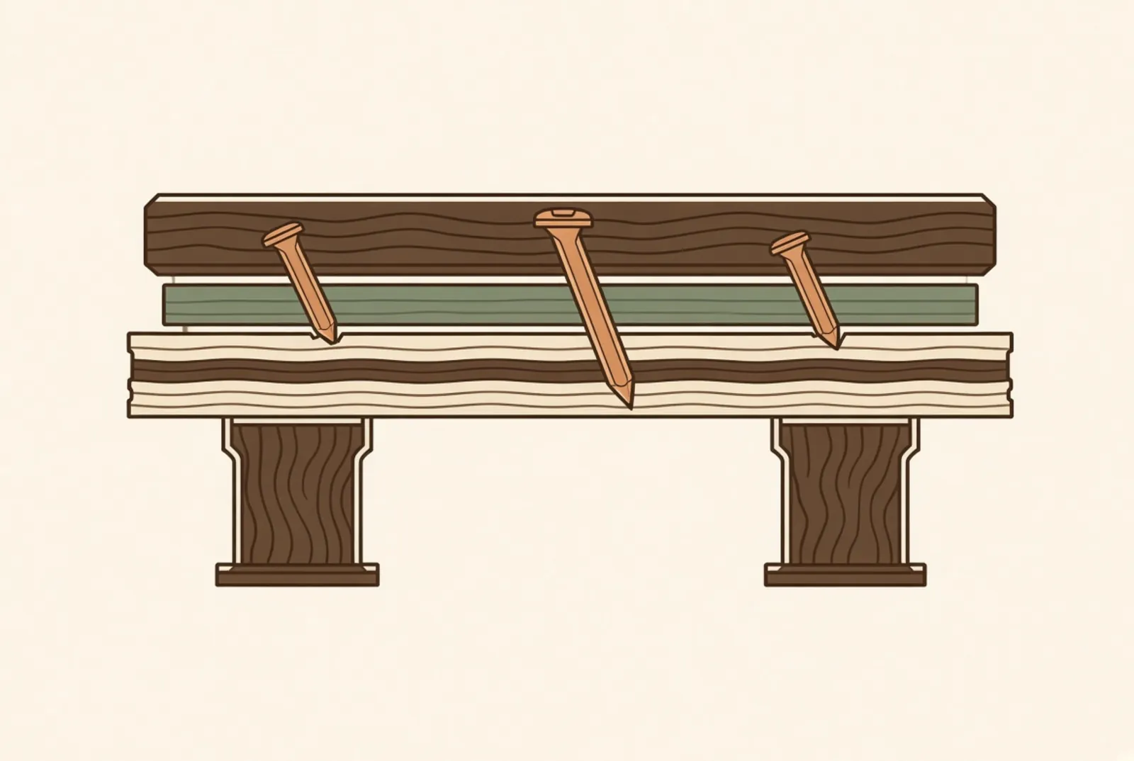 Cleats driven at an angle through the tongue of a solid board into plywood sheathing over joists.