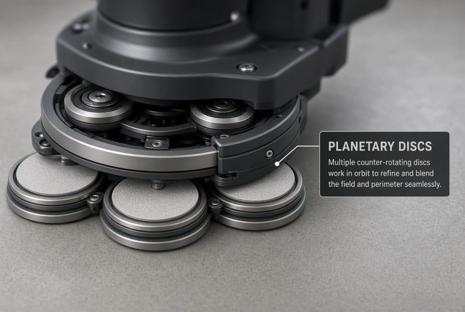 A planetary sander with its multiple counter-rotating discs visible from beneath.