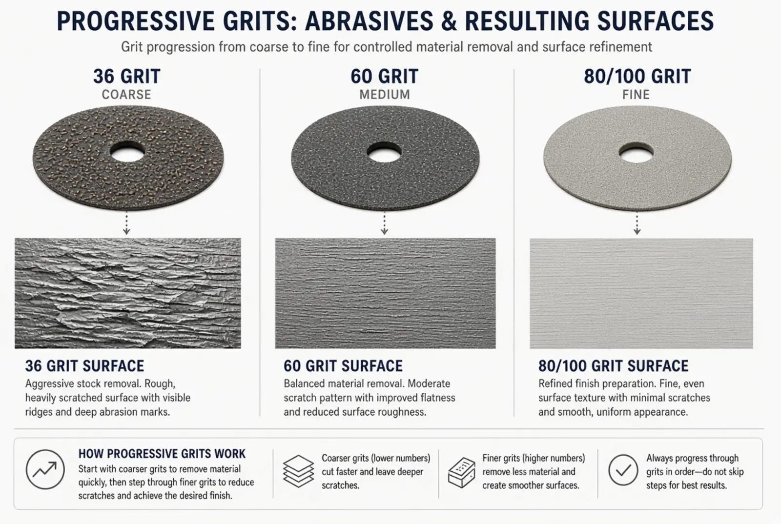 Three abrasive grades and the three surfaces they leave, shown in working order.