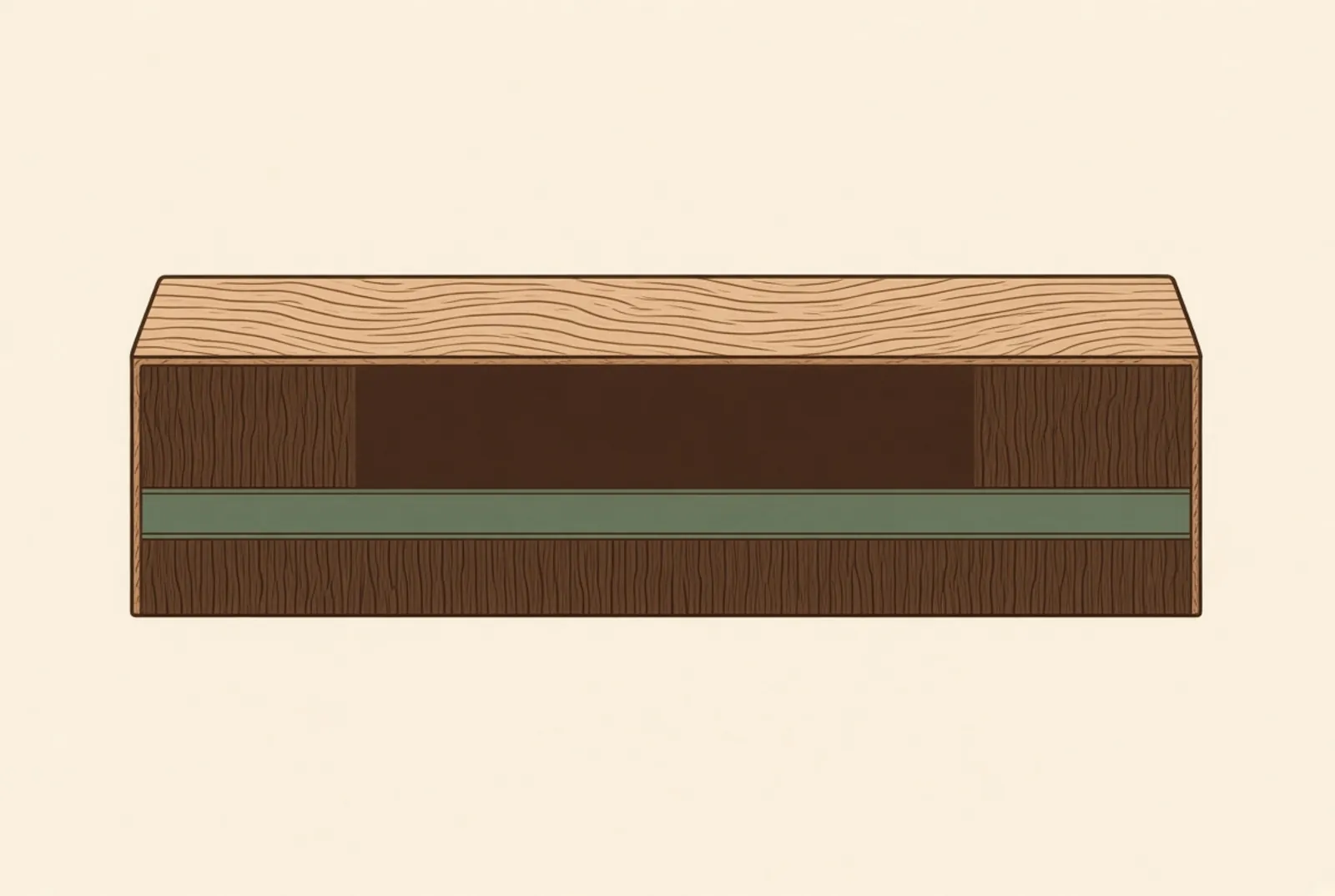 A solid board cut open to show one continuous grain from face to underside, with the depth available for refinishing marked.